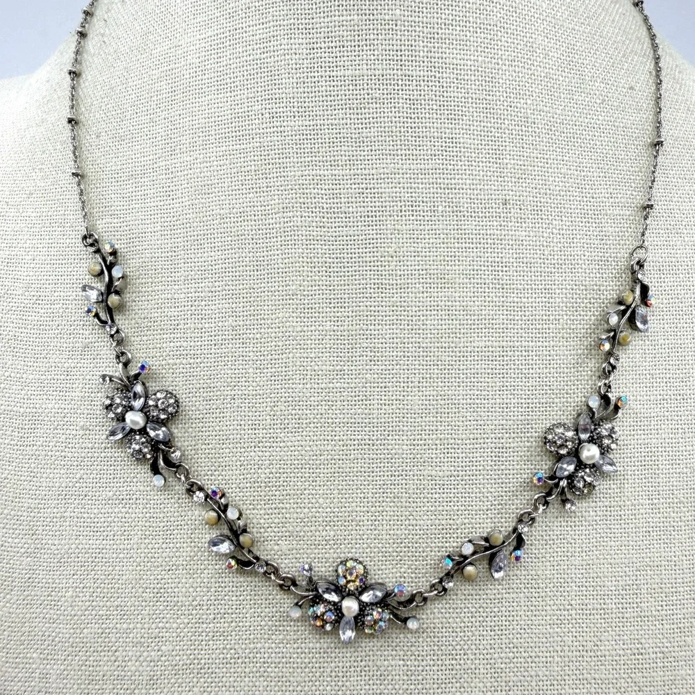 Gunmetal Floral Rhinestone Faux Pearl Necklace Cottagecore Statement Jewelry
